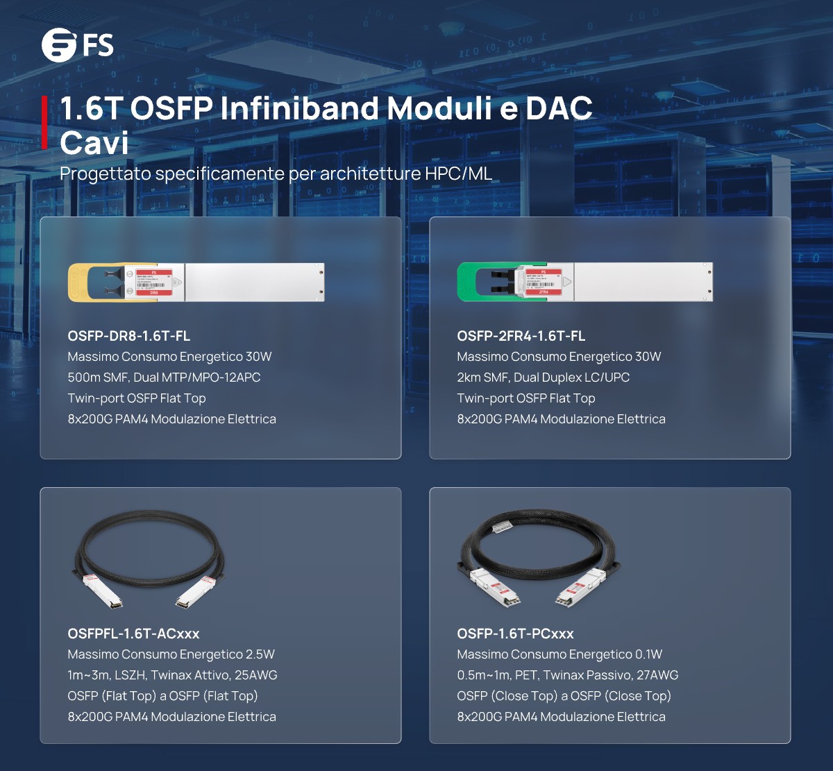 FScom_Italy's tweet image. I prodotti ottici FS 1.6T #OSFP offre soluzioni ad altissima velocità di trasmissione (1600Gbps) con modulazione 8x200G #PAM4, adatte per ambienti HPC/ML. Pienamente conforme a OSFP MSA/IEEE 802.3dj e ai sistemi end-to-end #InfiniBand #XDR.
Acquista ora: fs.com/it/c/1.6t-osfp…