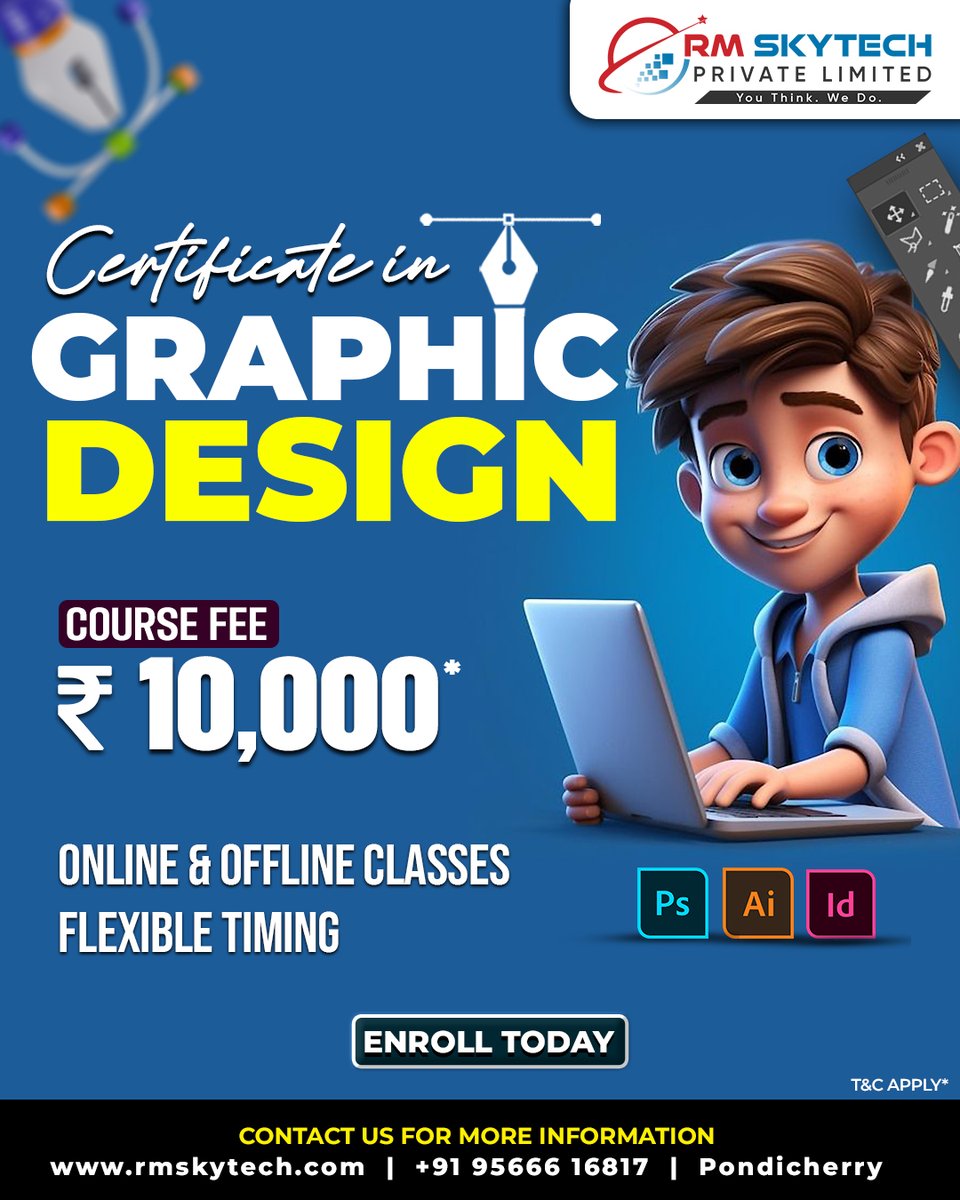 RMSkyTech1's tweet image. Certificate in Graphic Design Course (₹10,000) | Photoshop, Illustrator | RM Skytech
#GraphicDesignCourse #CertificateInGraphicDesign #LearnDesign #Photoshop #Illustrator #InDesign #RMSkytech #OnlineClasses #Pondicherry #EnrollToday