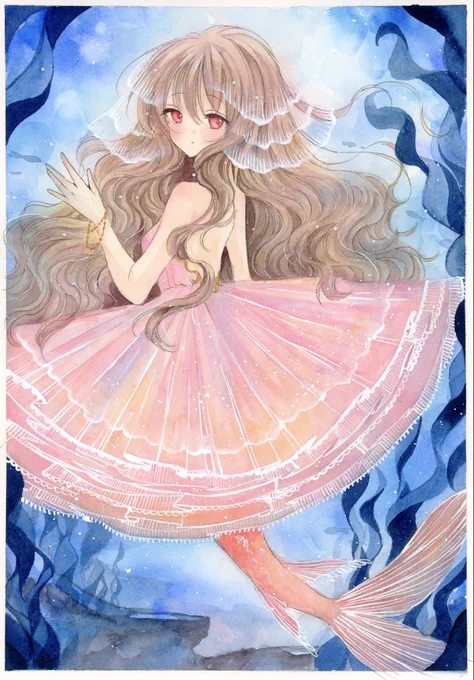 ˚✧₊⁎揺蕩う人魚˚✧₊ 透明水彩/アナログイラスト