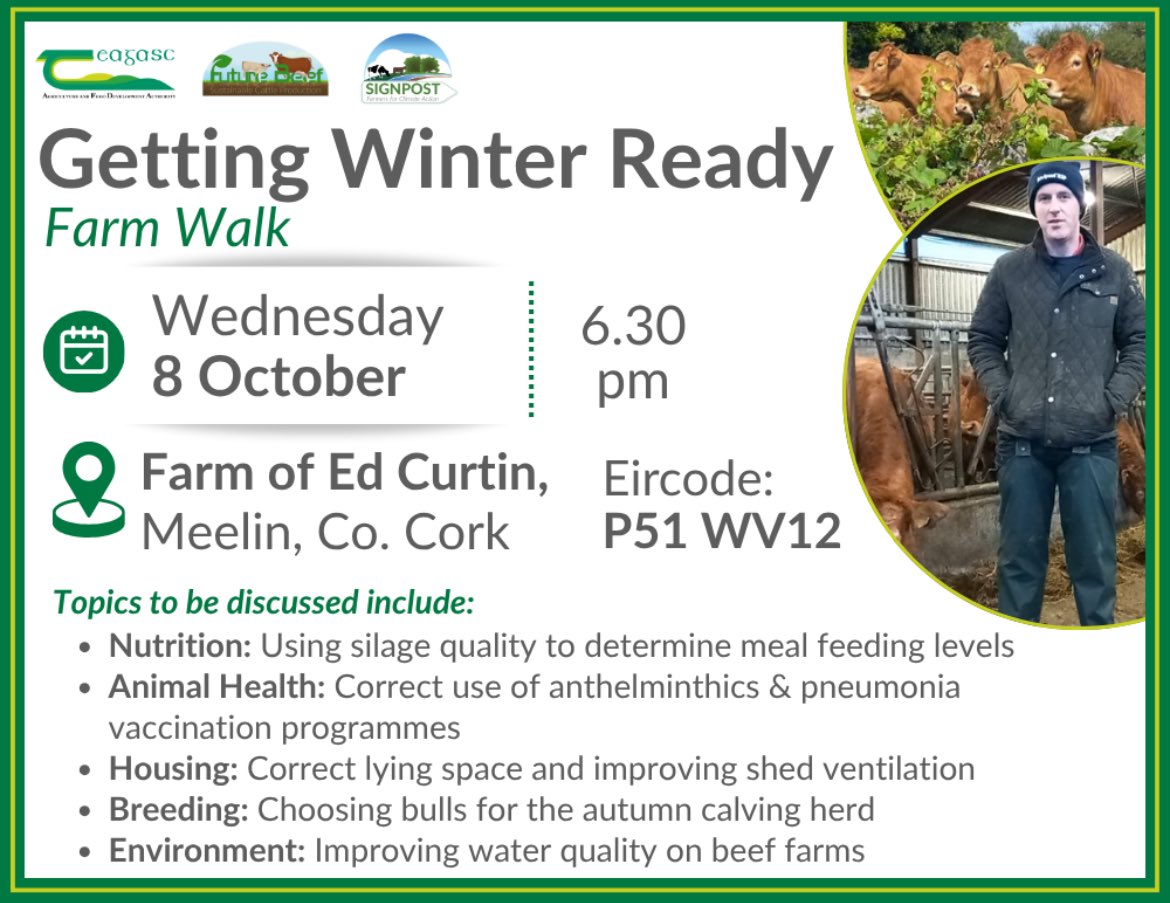 Setting up for success this winter. We’ll be tackling all the key issues as we face into the housing period for livestock. 
🗓️Wed Oct 6th
⏰6.30pm Evening Event
📍P51 WV12 Meelin, Co.Cork
ALL WELCOME