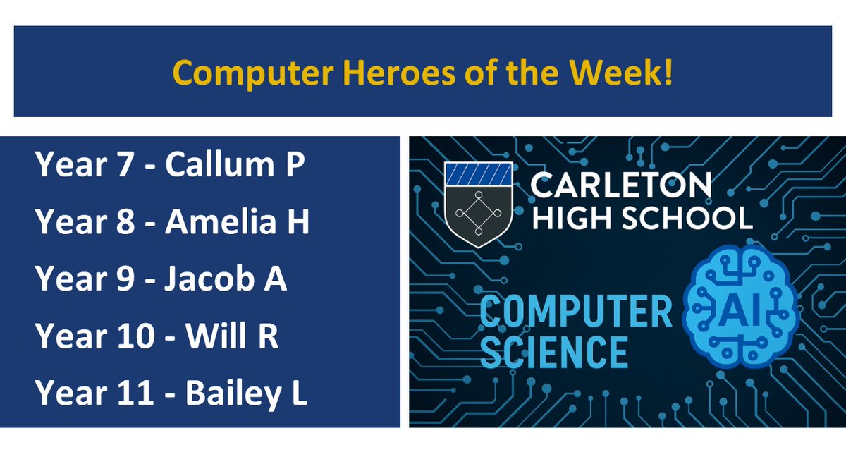 PATCarletonHigh's tweet image. A shout out from Mr Todd for CHS&apos;s #ComputerHeroes for last week. Well done to these students for their hard work in Computer Science.
#CHScomputerscience #excellence