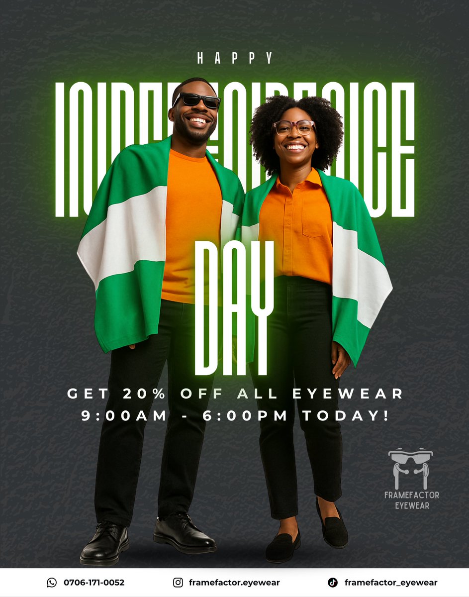 the_framefactor's tweet image. Happy Independence Day!
Nigeria is 65!💪💪💪

It’s a new season for Nigeria and to celebrate this Framefactor Eyewear is giving a 20% discount on all Eyewear purchases just today alone 😎

Message: wa.me/2347061710052 now.