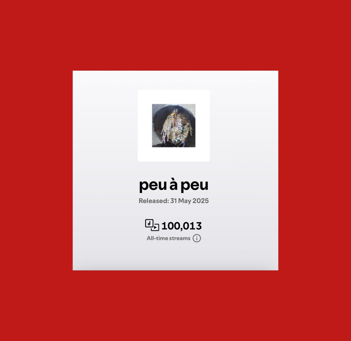 daklaoma's tweet photo. owww, and "peu à peu" reached the 100k streams today (in under 4 months)
u guys are wild. merci. https://t.co/jV9SjPLFi5