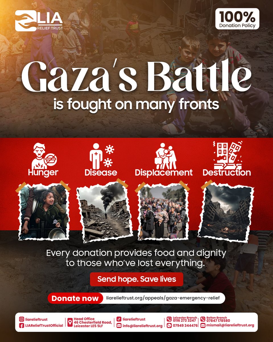 LIAReliefTrust's tweet image. Gaza’s battle is fought on many fronts:

Hunger. Disease. Displacement. Homes destroyed.

Your donation brings food, dignity &amp;amp; hope.

👉 Will you stand with Gaza today?

🔗 liarelieftrust.org/appeals/gaza-e…

#LIAReliefTrust #GazaEmergency #StandWithGaza