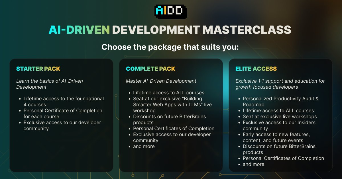 NextGenDev_AI's tweet image. Feeling overwhelmed by AI tools but know you need to master them?
The AIDD Development Masterclass offers hands-on learning to build AI-first apps & automate routine tasks-so you can focus on what matters most.
👉Only 36 hours left to get it at 45% OFF: go.nextgendev.ai/launchx