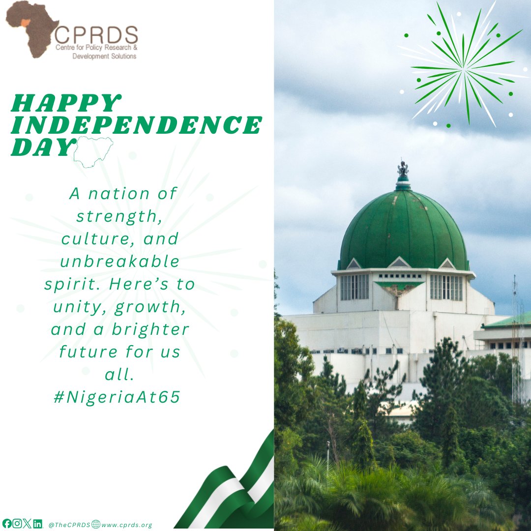 TheCPRDS's tweet photo. Nigeria at 65!!!
Happy independence day
A nation of strength, culture and unbreakable spirit. Here's to unity, growth and a brighter future for us all.
#NigeriaAt64 
#CPRDS https://t.co/2dxmRwTNH6