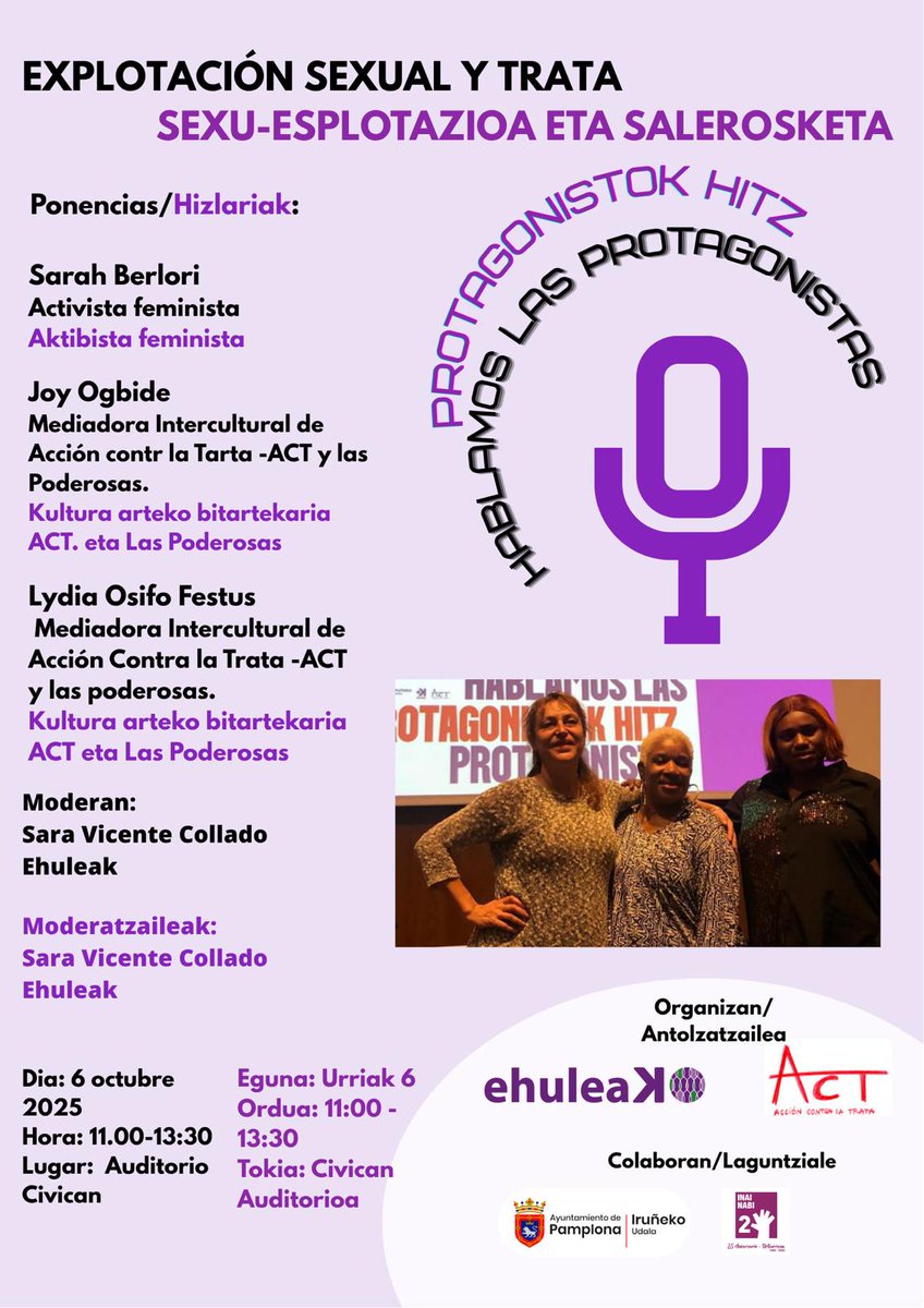Nos volvemos a juntar 
con
<a href="/ACTrata/">Acción Contra la Trata - ACT</a>
"Las Poderosas" y
<a href="/ehuleak/">Ehuleak Nafarroa</a> 
Esta vez para exigir a las instituciones, que asuman su compromiso por la reparación INTEGRAL de todas las víctimas que deja el negocio criminal de la #ExplotaciónSexual
También exigiremos la aprobación de la
#LOASP