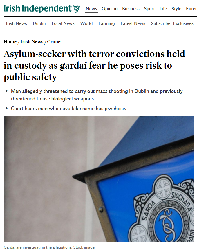 Polito_loco's tweet image. 🚨CONVICTED TERRORIST SEEKING ASYLUM HELD IN CUSTODY AS GARDAI FEAR HE POSES RISK TO PUBLIC SAFETY

"Asylum-seekers" have more rights in Ireland than law-abiding, tax-paying citizens as this individual can not be identified as he has an asylum claim pending, and protected under…