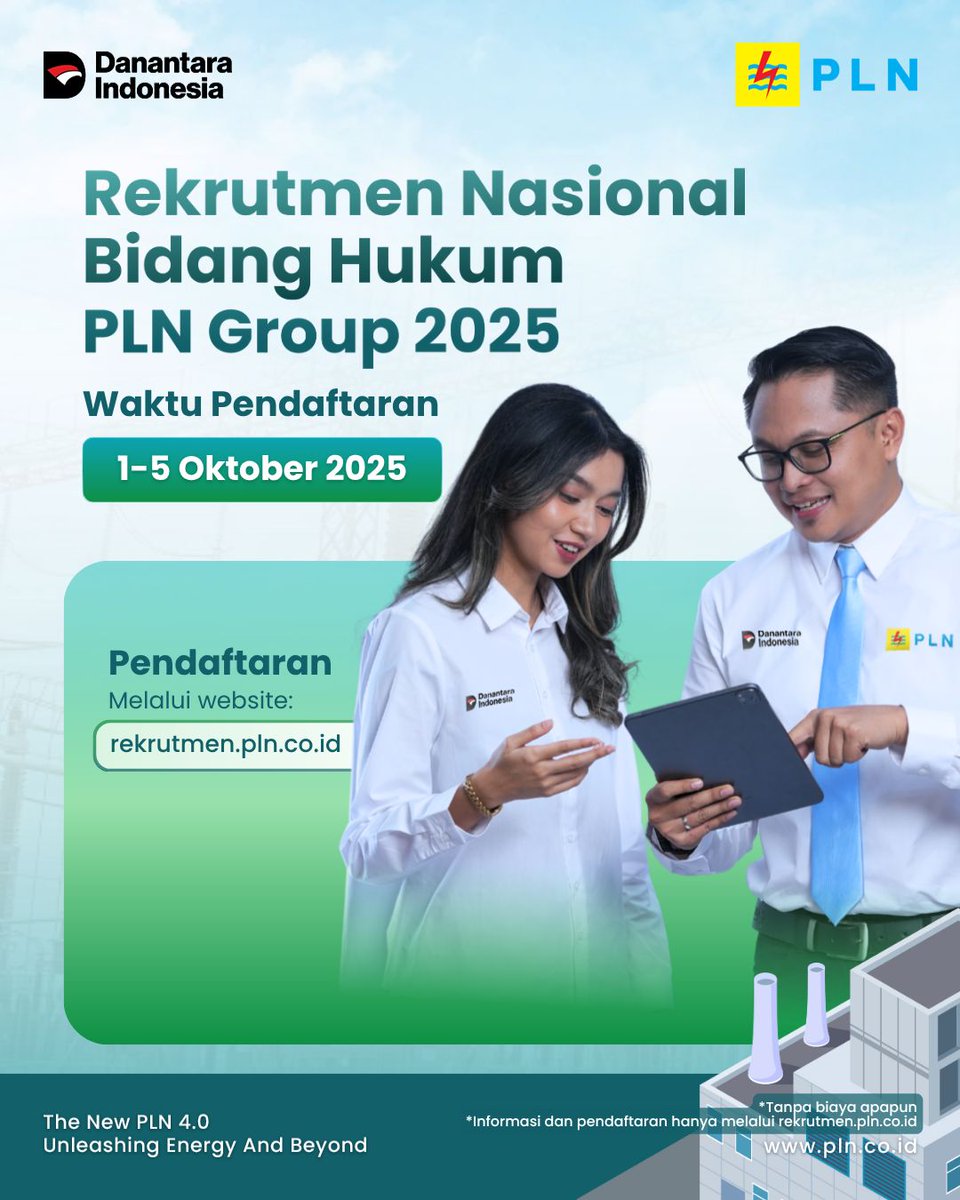 adhitya_07's tweet photo. Rekrutmen Nasional Jurusan Hukum PLN Group 2025 resmi dibuka.

Cek persyaratannya, ya. Untuk informasi lengkapya, kunjungi: https://t.co/aUeU849e6q

Jadilah bagian dari perjalanan besar menghadirkan energi untuk seluruh negeri.

#RekrutmenPLN2025 #PLNUntukSemua #PLNUntukIndonesia https://t.co/P954DNanuV