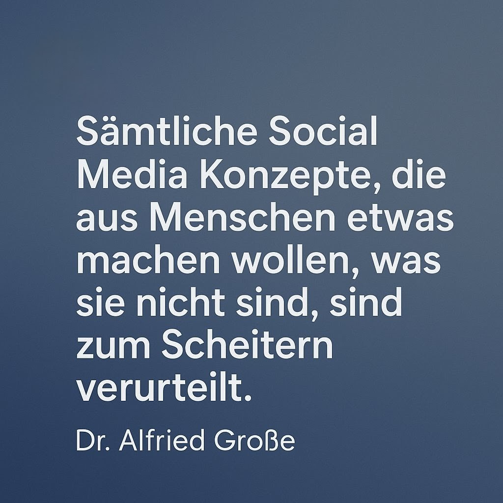 „Social-Media-Konzepte, die Menschen verbiegen, scheitern.“
Authentizität ist die einzige Währung, die zählt.
#PR #Kommunikation #SocialMedia #Authentizität