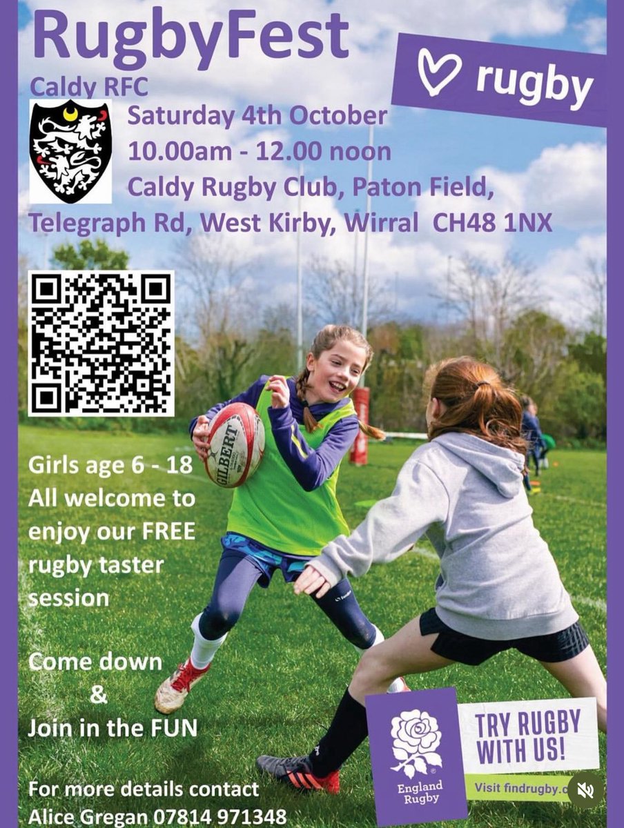 𝗖𝗮𝗹𝗱𝘆 𝗥𝘂𝗴𝗯𝘆𝗙𝗲𝘀𝘁 🪩 

Girls U6-U18 𝗙𝗿𝗲𝗲 taster session this Saturday 4th October at <a href="/CaldyRFC/">Caldy RFC</a> 

⏰ 10AM - 12PM
🧑‍🧑‍🧒‍🧒 All Welcome to attend

Special guests: Holly Aitchison, Gill Burns &amp; John Foster

#Ravers #WomensRugby #RugbyFest #Impact25