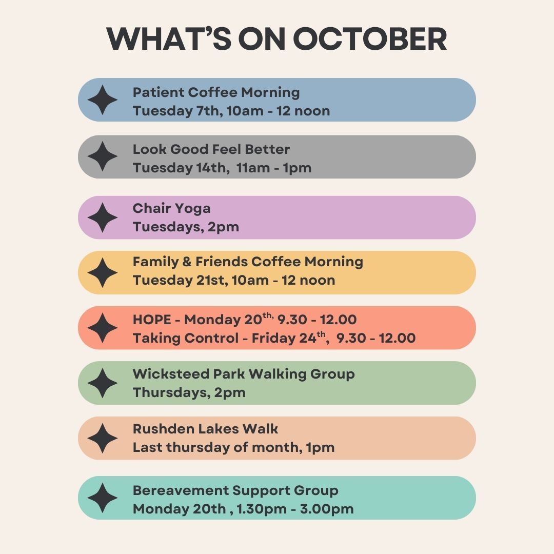 Check out what we have going on during October 🍂 

Don't forget you can also access our Health and Wellbeing prospectus online with details of other services.

sway.cloud.microsoft/5Mxc5FRAB8jPVH…