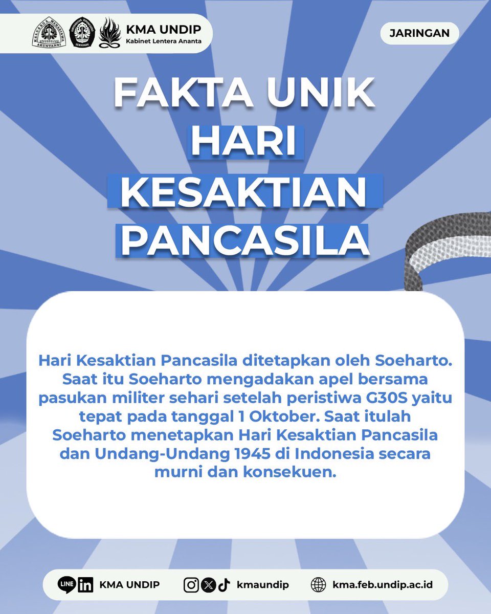 [HARI KESAKTIAN PANCASILA]

🇮🇩 Selamat memperingati Hari Kesaktian Pancasila.
1 Oktober jadi pengingat bahwa Pancasila adalah dasar negara yang tak tergoyahkan, sekaligus pedoman hidup bangsa Indonesia. 

Mari terus menjaga persatuan dan mengamalkan nilai-nilainya ✊✨