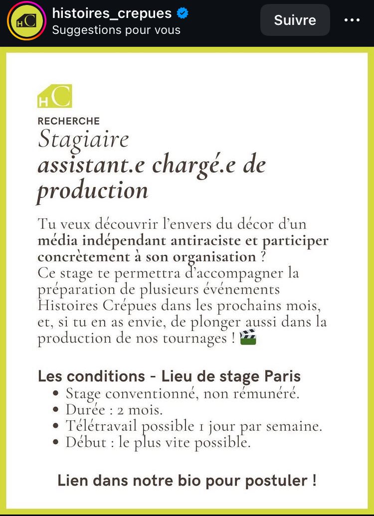 Super la proposition de stage non-rémunéré d’Histoires crépues 😍
Fun fact : leur proposition de stage dure que 2 mois parce que la loi les obligerait à payer leur stagiaire au-delà 😉