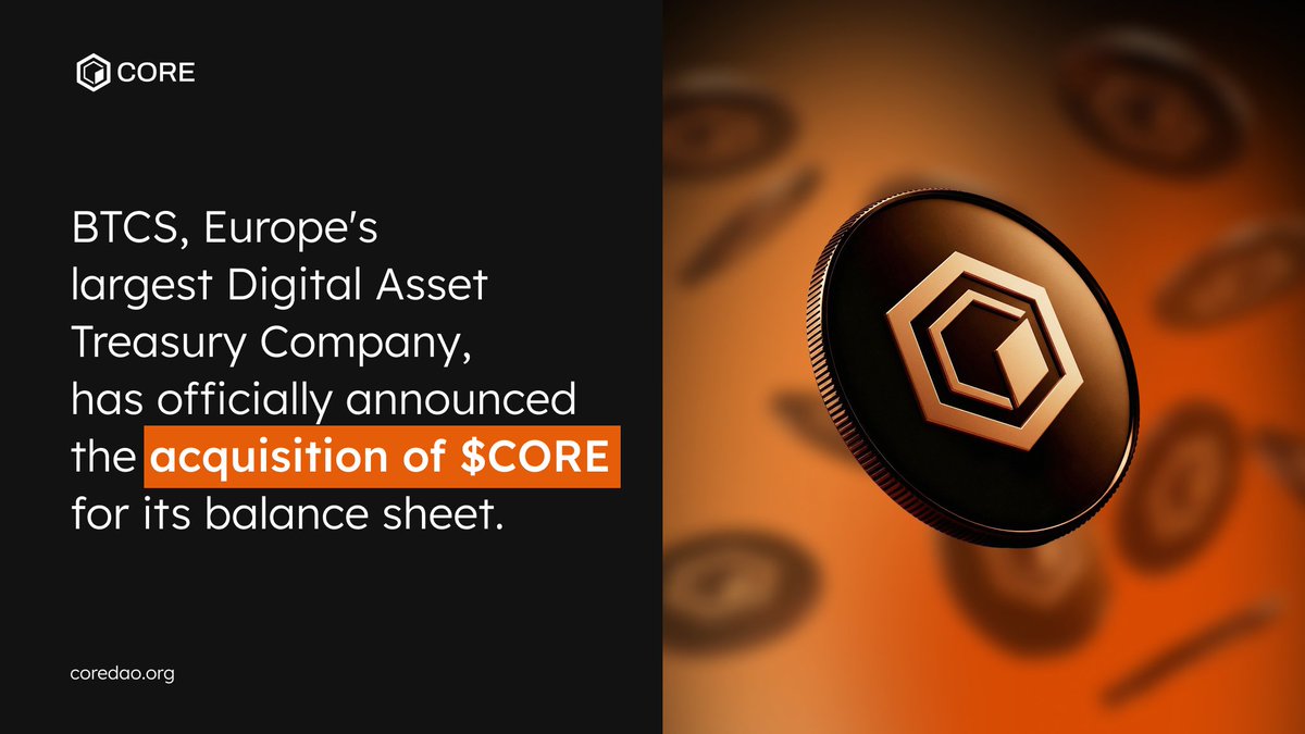 thebablum's tweet image. 💥 Institutional adoption continues.

• Europe’s largest DATCO, @BTCS_SA, has chosen $CORE to manage its productive treasury — proof that sophisticated players trust real, on-chain yield. 🔶

#core #coreSZN #JustUseCore