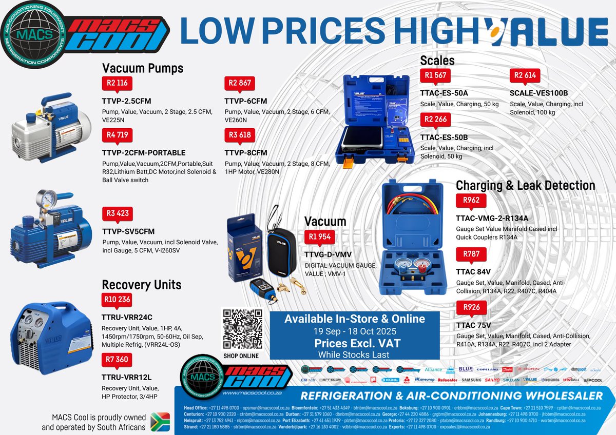 MACS_cool's tweet image. Don’t Miss Out – Low Prices, High Value! 
Your go-to tools for refrigeration and air-conditioning are on promo until 18 October 2025!
Available in-store &amp;amp; online
Prices exclude VAT | While stocks last
Stock up before it’s too late!
#MACSCool #PromoReminder #RefrigerationTools