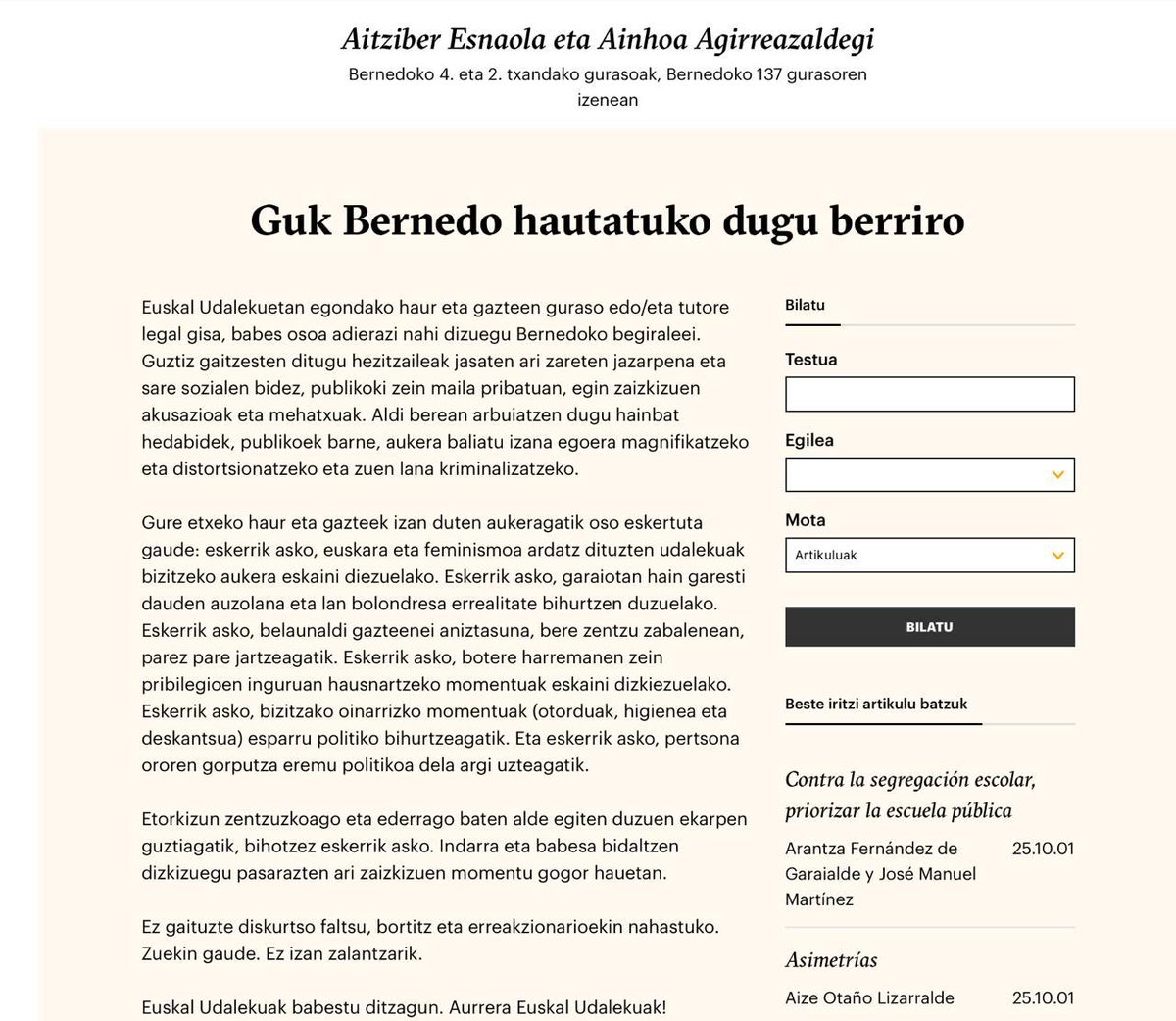 Bernedoko udalekuetako 137 gurasoren gutuna, El Correok eta beste hainbat hedabidek zabaldutako sasinformazioa gezurtatuz: "Euskal Udalekuetan egondako haur eta gazteen guraso edo/eta tutore legal gisa, babes osoa adierazi nahi dizuegu Bernedoko begiraleoi"