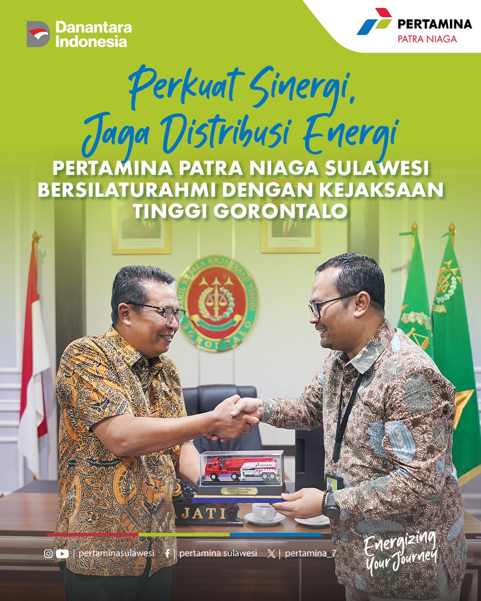 pertamina_7's tweet photo. Perkuat sinergi, jaga distribusi energi
Pertamina Patra Niaga Regional Sulawesi melakukan silaturahmi dengan Kejaksaan Tinggi Gorontalo.

Pertamina berkomitmen menjalankan operasional dengan integritas, etika bisnis, dan kepatuhan hukum. Dukungan penuh dari Kejati Gorontalo semakin memperkuat upaya bersama dalam menghadirkan energi yang adil dan bermanfaat untuk masyarakat yang berhak.

Mari terus bersinergi demi ketahanan energi dan kesejahteraan masyarakat

#PertaminaPatraNiagaSulawesi #SubsidiTepat #EnergiUntukNegeri