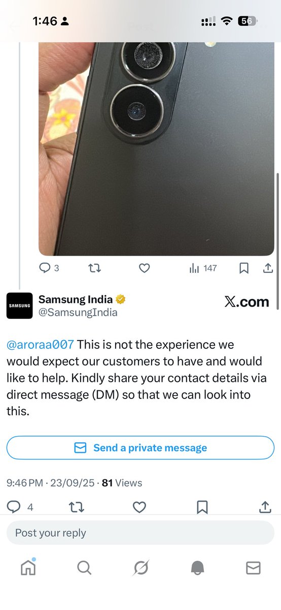 aroraa007's tweet photo. After a long time I switched from iPhone to android . And I chose your brand and this is the product you delivered @SamsungIndia . And this is the response you are giving . 

I’ve submitted my phone in service Center my service number is 4421918753 they are also not solving my problem . From 1st day I was facing a foggy lens problem I want a replacement . https://t.co/FFtSbM1Rh4