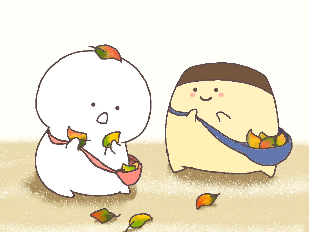 stm_potato's tweet image. 【お題：小さい秋】秋になりかけ
紅葉の途中で散ってしまった葉っぱを集めるお文具さんとプリンさんです。

#ぶん学者1weekアート
#ぶん学者のファンアート
