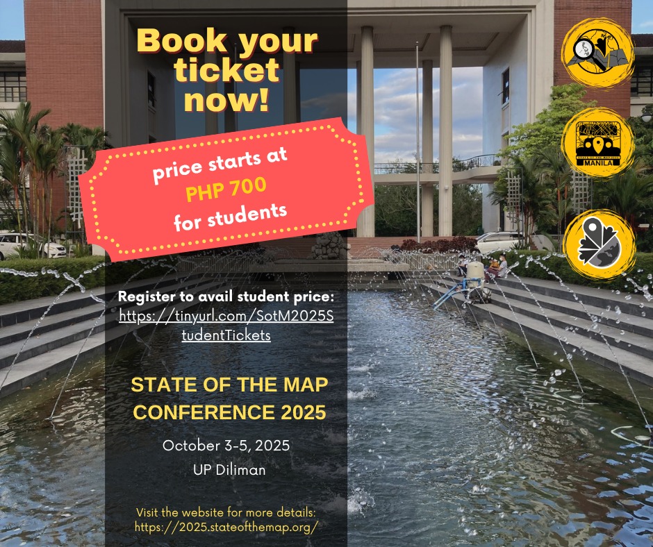 sotm's tweet image. 📣 Calling all STUDENTS! 📣
We have opened limited slots for STUDENT TICKETS to participate to the first ever global State of the Map conference happening in Southeast Asia! 🥳
tinyurl.com/SotM2025Studen…
#Sotm #sotm2025 #openstreetmap #conference #stateofthemap #stateofthemap2025