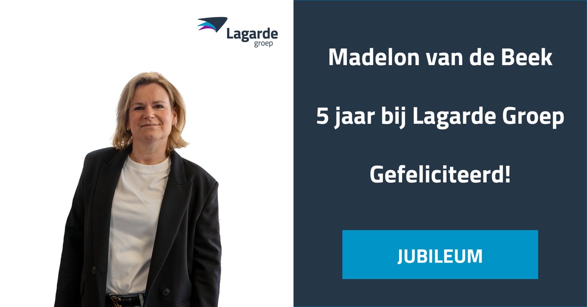 LagardeBV's tweet photo. Vandaag viert Madelon Kampman haar 5-jarig jubileum bij Lagarde Groep!

Na jaren op het bedrijfsbureau ben je nu een vaste kracht binnen de klantteams. Je staat altijd klaar om te helpen, en dat waarderen we enorm!

Madelon, van harte gefeliciteerd! https://t.co/gK5LsCTExT