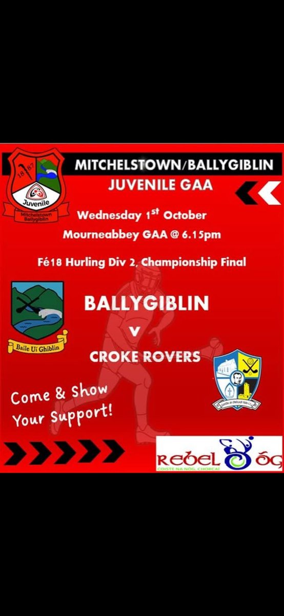 The very best of luck to our minor hurlers who play Croke Rovers tonight in the Championship final in Mourneabbey at 6.15. 🔴⚪️🔴⚪️