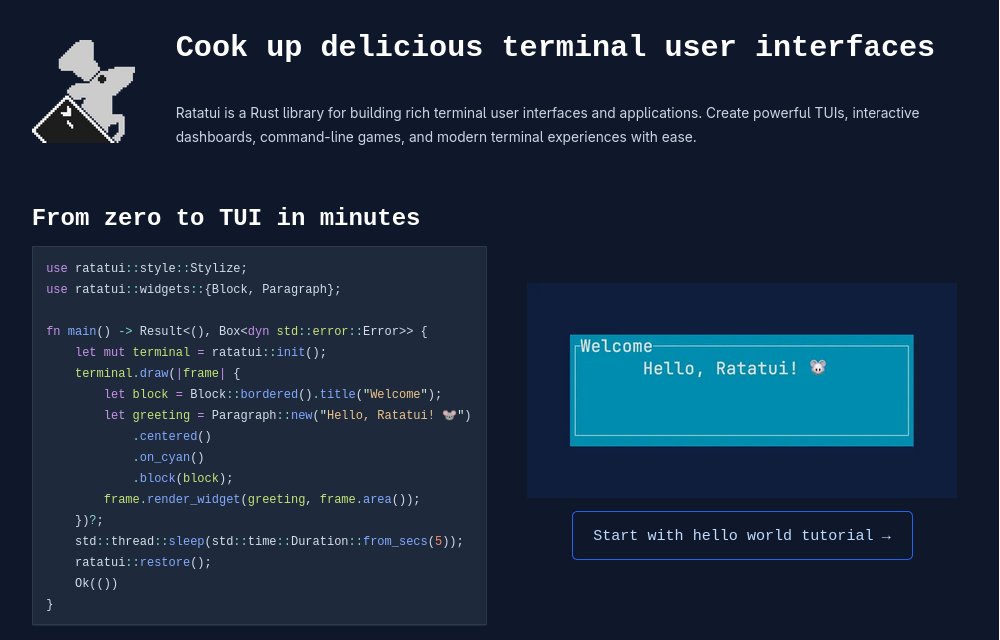 ratatui_rs's tweet image. The rat needs your help! 🐁

If you know web dev and want to help us design a new landing page, we&apos;d love your contribution!

💰 Reward: 100,000 cheese sticks

🧀 See: github.com/ratatui/ratatu…

#rustlang #ratatui #webdev