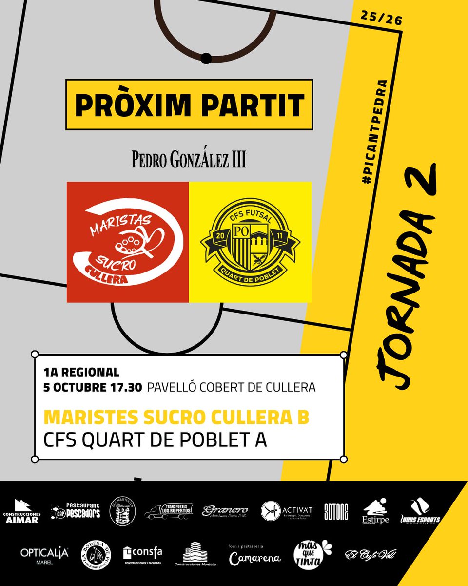 ⚽ Torna el Filial “Pedro González III”!

🆚 Maristes Sucro Cullera B – CFS Quart de Poblet A
🗓 Diumenge 5 d’octubre
🕠 17.30 h
📍 Pavelló Cobert de Cullera

Diumenge paella, café i tots al pavelló a empentar l’equip cap a la primera victòria! 💪🏼

#PicantPedra