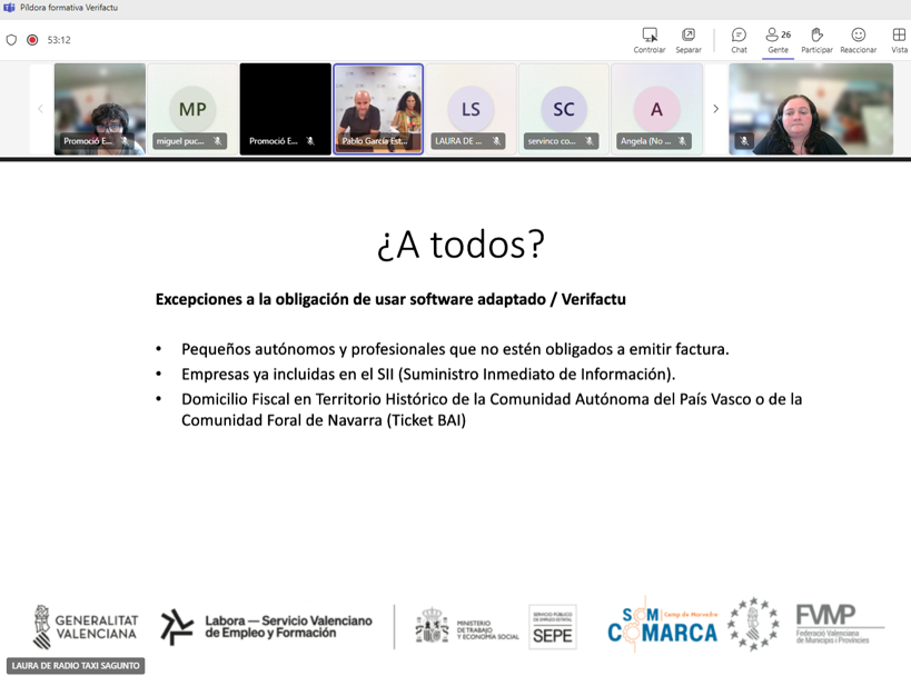 _SomComarca's tweet photo. Vam tindre una productiva sessió en línia sobre la imminent implementació de VeriFactu.

La sessió es va realitzar amb el suport de la @fvmpendirecto 
 Gràcies als assistents i a FVMP
#AVALEMTERRITORI @GVAlabora  @empleogob https://t.co/CyTUgd4dP6