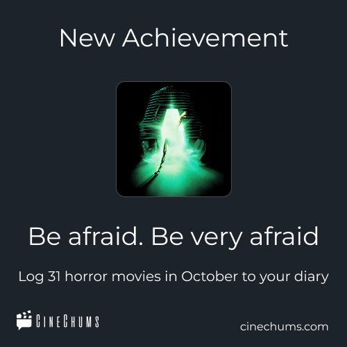 CineChums's tweet photo. It’s finally October! Time to earn that coveted “Be afraid, Be very afraid” achievement. 

Simply log 31 movies tagged with the horror genre to your https://t.co/fBQjWCrj24 diary between today and October 31st. https://t.co/2kS93f3QC2