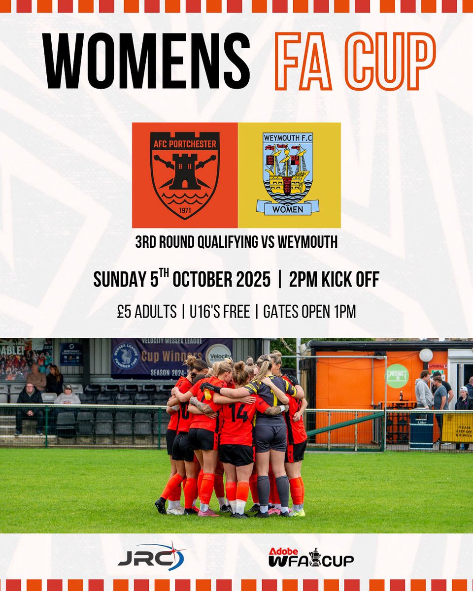 We’re back in FA Cup action as we face Weymouth at home in the 3rd Round Qualifying! 🏆

📅 Sunday 5th October
⏰ 2pm kick off (gates open 1pm)
💷 £5 adults | U16s FREE

The magic of the cup is alive – we need your support to help push us through to the next round! 🧡⚽
