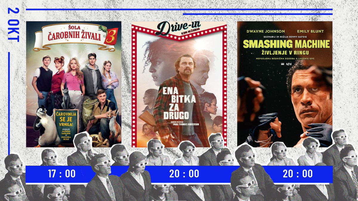 ČETRTEK! #spored👇
17.00 - Šola čarobnih živali 3 🪄
20.00 - [DRIVE-IN KINO]: Ena bitka za drugo 💥
20.00 - Smashing Machine: Življenje v ringu 🥊