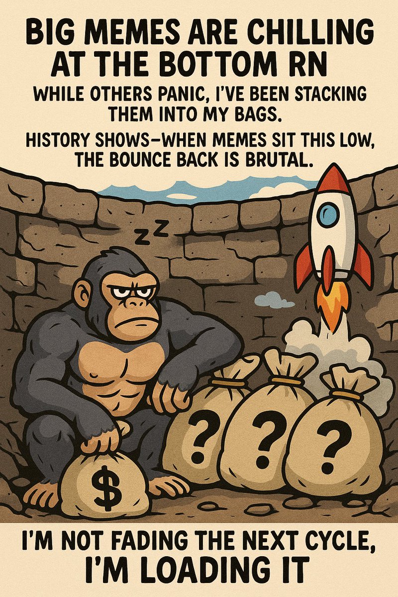 0xExploitApe's tweet image. Big memes are chilling at the bottom rn 💤. While others panic, I’ve been stacking them into my bags 🚀.
History shows—when memes sit this low, the bounce back is brutal.
I’m not fading the next cycle, I’m loading it. 🦍🔥
#Solana #Crypto