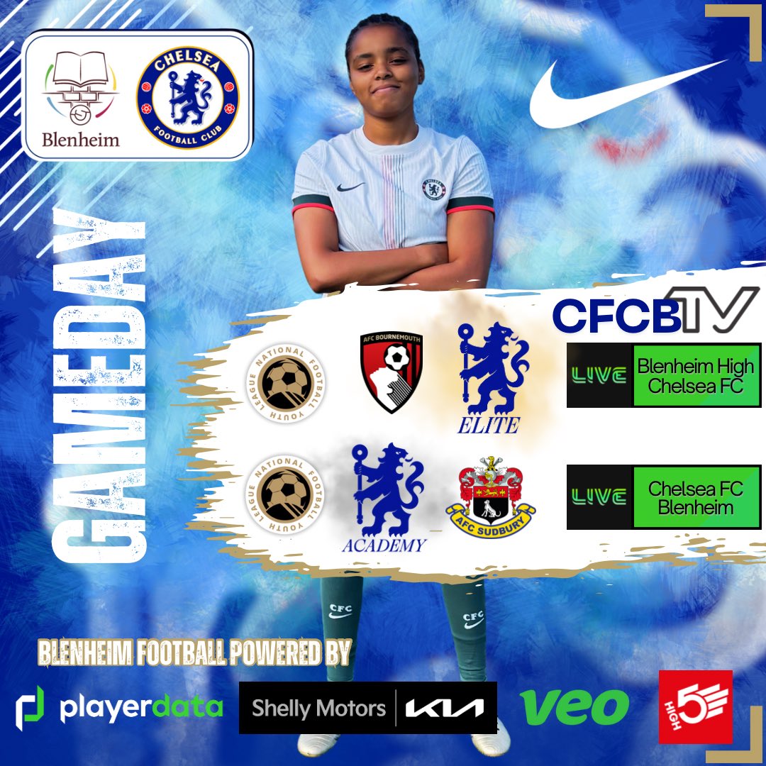 It’s <a href="/NFYLU19U23/">National Football Youth League</a> GAMEDAY.

Catch all the action on our <a href="/veotechnologies/">Veo</a> Live Channels.

⚽️ Elite @ 2pm on 📺 Blenheim High Chelsea FC

⚽️Academy @ 2pm on 📺 Chelsea FC Blenheim

Blenheim Football 🤝 Powered by <a href="/Shellymotors/">Shelly Motors</a> <a href="/veotechnologies/">Veo</a> <a href="/PlayerData/">PlayerData</a>