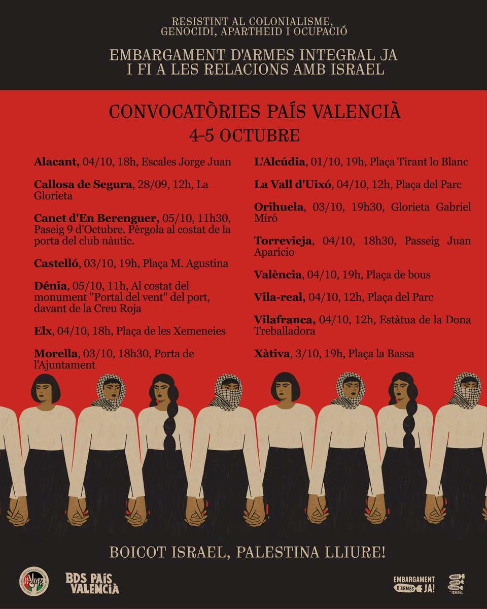 ✊🇵🇸 Alacant amb Palestina: dissabte de mobilització 

📅 dissabte 4 d'octubre
🕕 18 h
🏛 Inici: Escales de l'IES Jorge Juan - Alacant