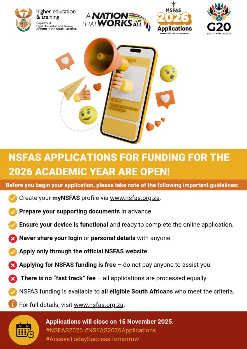 Hey Future Leaders!

Don’t let money stand between you and your dreams. 🎓 The NSFAS 2026 applications are OPEN!

💡 If you’re planning to study at a public university or TVET college in 2026, this is YOUR chance to secure funding for tuition, accommodation &amp; more.

✅ Apply