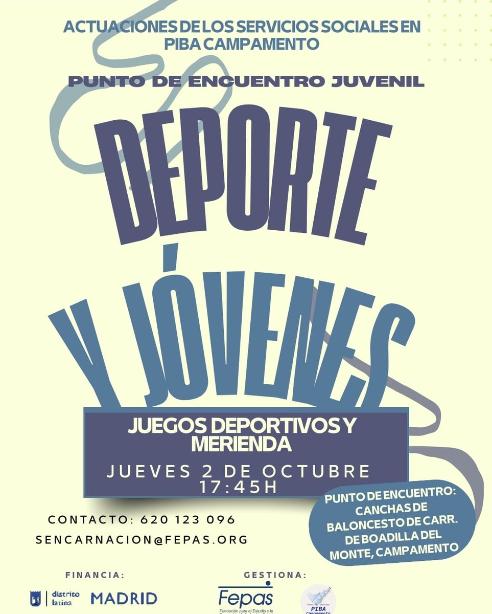 📢 ¡Para vuestr@s hij@s!
Jueves 2 a las 17:45h os invitamos a una tarde de juegos deportivos y merienda en las canchas de baloncesto de C/ Boadilla del Monte (Campamento).👉 Actividad gratuita.¡Venid a pasarlo bien con otros chicos y chicas del barrio!📞 Info: 620 123 096