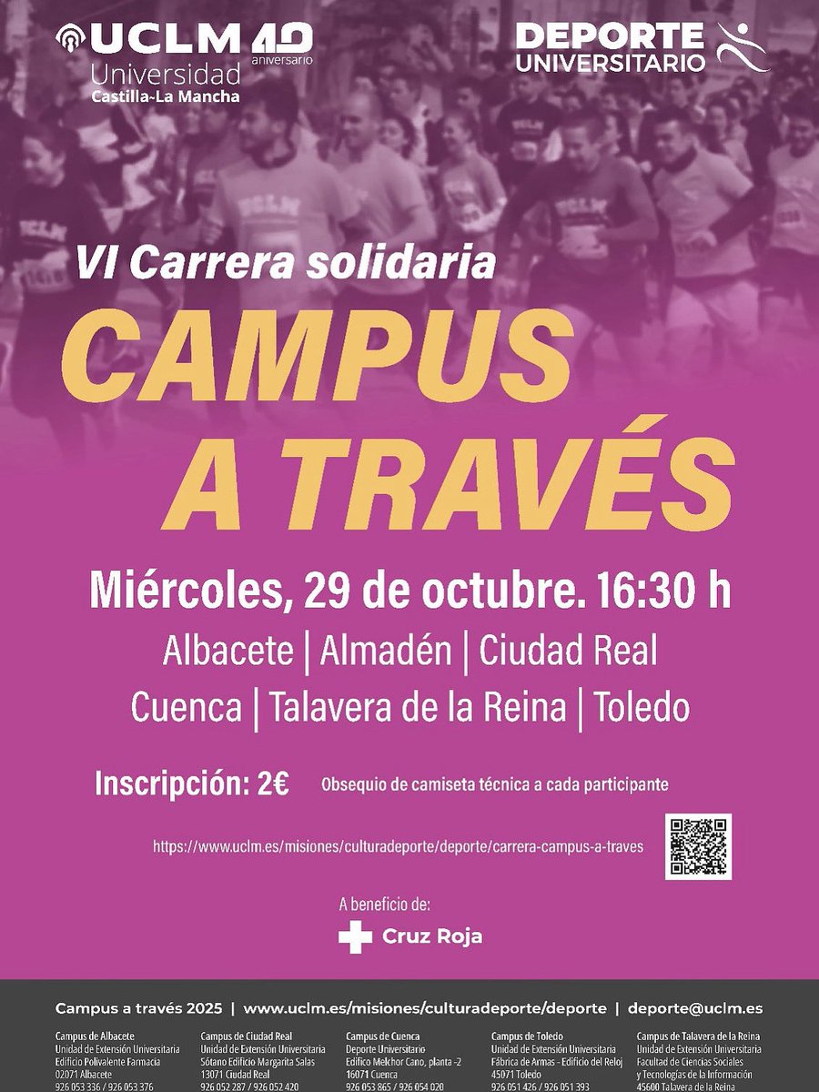 Ya están abiertas las inscripciones para la Carrera “Campus a Través” 

🗓️ 29 de octubre

INFO: uclm.es/es/misiones/cu…

Anímate y participa !!! 🏃🏼‍♀️🏃🏼‍♀️🏃🏽

<a href="/uclm_es/">Universidad de Castilla-La Mancha</a> <a href="/VEstudianteUCLM/">Vicerrectorado de Estudiantes y Empleabilidad</a> <a href="/CampusAlbacete/">Delegación Campus AB</a> <a href="/CampusCR/">DECCR-UCLM</a> <a href="/CampusCuenca/">Delegación Cuenca</a> <a href="/CampusToledo/">DelegaciónToledoUCLM</a> <a href="/FacSalud_UCLM/">FacSalud_UCLM</a> <a href="/FacSoTI_UCLM/">Fac. CC.SS y TI Talavera de la Reina</a> <a href="/Esc_Ing_Almaden/">EIMIA</a>