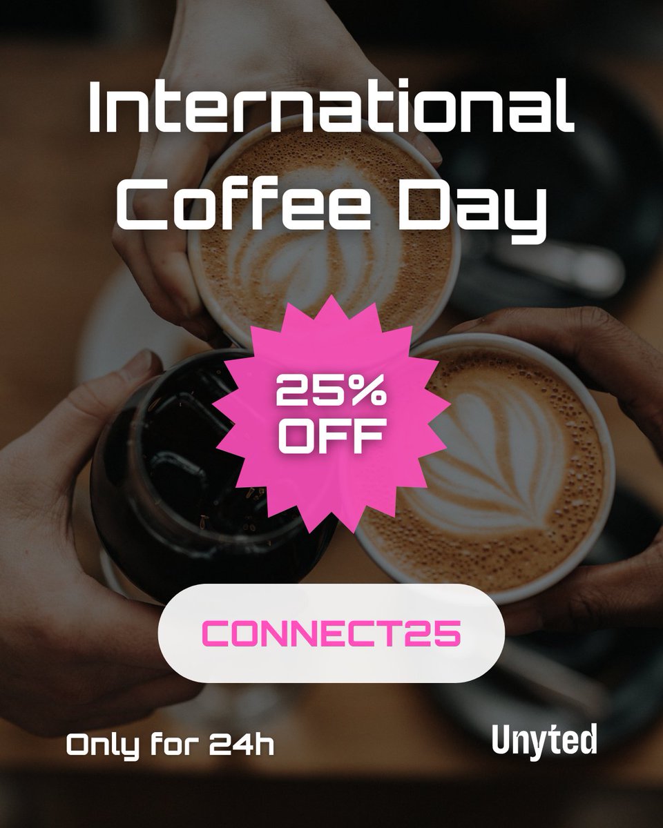 unytedworld's tweet image. ☕️ Coffee + tech = perfect match
Get 25 % off today only with code CONNECT25
→ explore.unyted.world/pricing
#UnytedWorld #CoffeeAndTech #Web4 #FlashSale #DigitalSpaces #InternationalCoffeeDay #25OFF