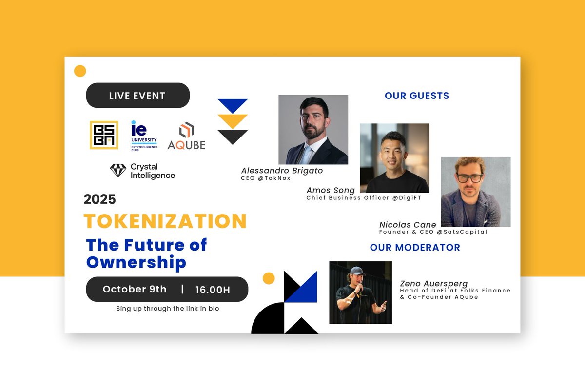 Registration form in the first comment 👇

I'll moderate a roundtable about Tokenization organized by <a href="/AQubeConsulting/">AQube</a> , <a href="/CrystalPlatform/">Crystal Intelligence</a>, <a href="/BBlockchain_/">Bocconi Students Blockchain Association</a> and <a href="/IEuniversity/">IE University</a> Crypto Club on Oct 9th , 4 PM CET.

w/ <a href="/AmosSong55/">Amos Song</a> - <a href="/DigiFTTech/">DigiFT</a>, <a href="/Bridge984/">Alessandro Brigato</a> - <a href="/Toknox_/">TokNox</a> and <a href="/satscapital_/">SATS Capital</a>