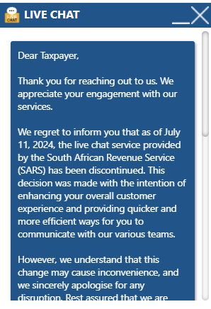 TheRealStillie's tweet photo. @sarstax has a Live chat on their site. Upon clicking on it, it says the service has been discontinued since July 11, 2024. Note: that's 447 days

Why still have it there for so long? Just remove the option on the site :/ https://t.co/lCjdtZwZqO