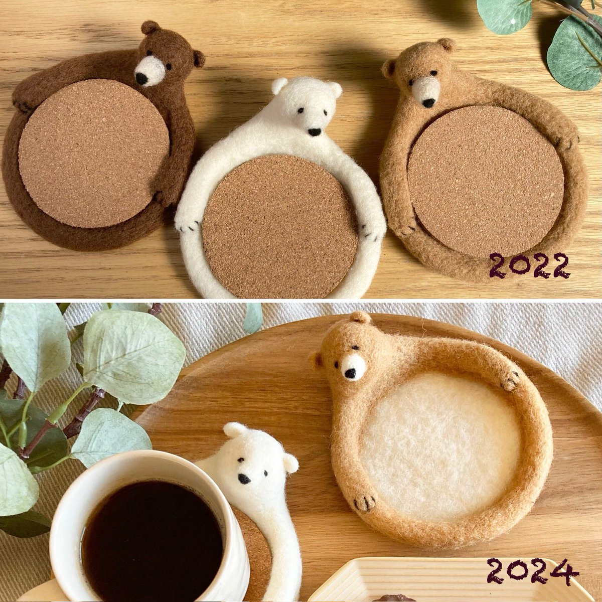 🐻🐻‍❄️一番最初に販売を始めたのはシロクマ＆茶色クマコースターでした。
初期はヒョロっとした細い首、強度も弱く、お恥ずかしい限りです。当時の精一杯の形。
あの頃お迎えしてくださった方々がいたからこそ今があると感謝しきりです🙇‍♂️✨️