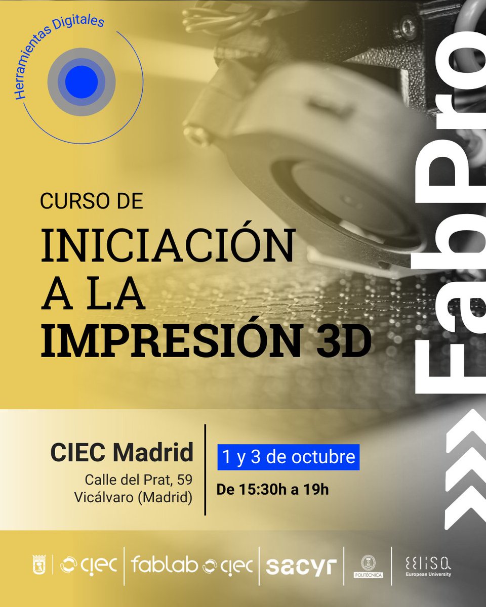 🙌¡Todavía puedes inscribirte a nuestro curso de iniciación a la #Impresión3D!

♻️ En este taller adquirirás los conocimientos clave para configurar la impresión y lograr los mejores resultados.

📅01 y 03 de octubre
⏰De 15:30 a 19:00

🔗ciecmadrid.es/actividades/cu…