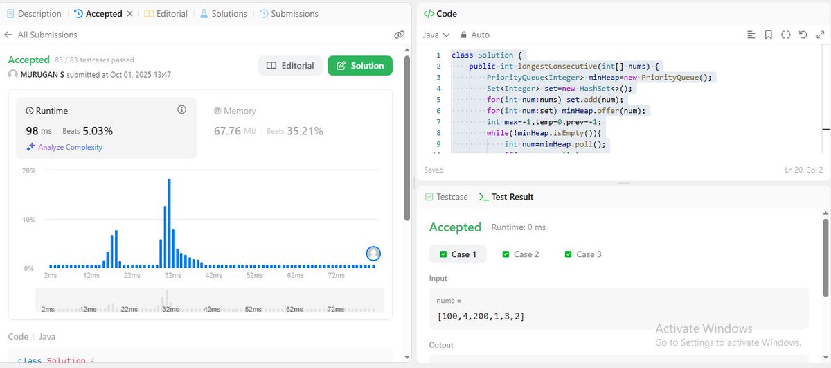Murugan_S7's tweet image. Solving leetcode,
128. Longest Consecutive Sequence
1)Brute force:-
Time Complexity O(N log N)
2)Optimal:-
Time Complexity O(N)
This problem help me to thing to solve using minimal memory  space
#learninpublic #buildinpublic #learnDSA