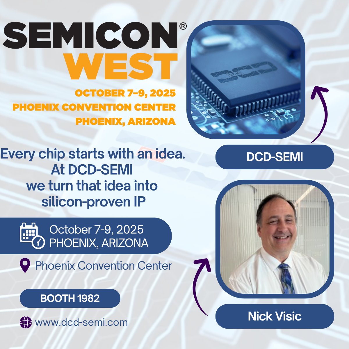 ⏳ Just 7 days to go until #SEMICON West 2025 in Phoenix!

We’re excited to showcase how every #Semiconductor  starts with the right IP Core – and for 25 years, that’s what DCD-SEMI has been delivering. 

📍 Meet us at Booth 1982
🚀 See you in Phoenix, October 7–9!