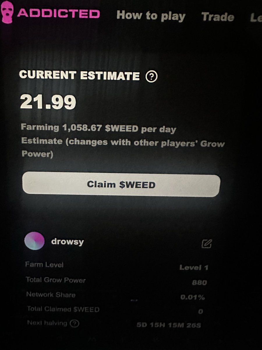 drowsyrx's tweet photo. shoutout @addicteddotfun lets see how far this goes only day one! 
currently generating 1050 $weed daily
use my code: A3F22222 https://t.co/CYihouNnds