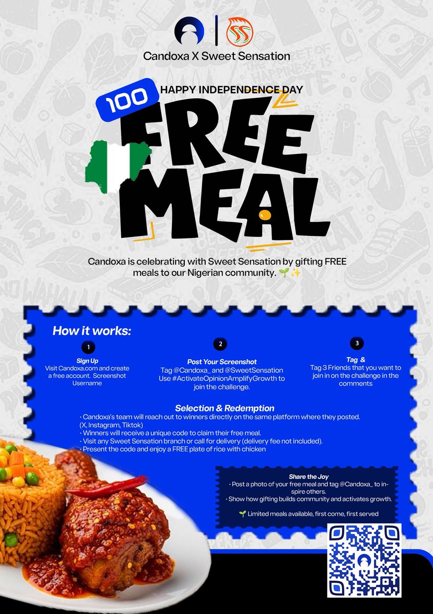 candoxa_'s tweet image. GM and gDoxa
Happy Independence Day, Nigeria! 🇳🇬
Candoxa is celebrating with @SWEETSENSATN by gifting FREE meals to our Nigerian community. 🌀
100 meals available!
How It Works 👇
1.Sign Up
Visit Candoxa.com and create a free account.
2.Screenshot
•…