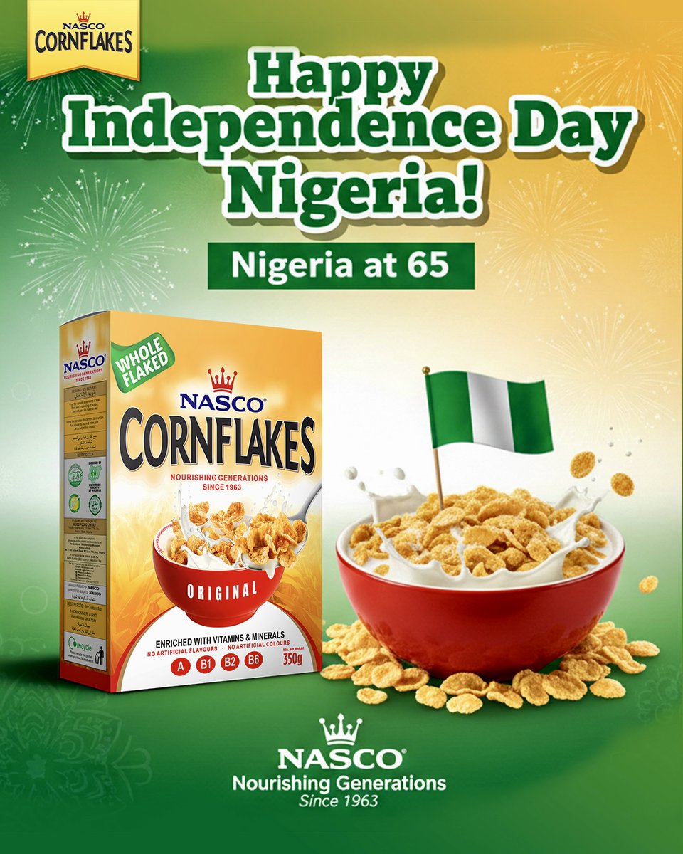 Happy Independence Day, Nigeria! 🇳🇬✨ 65 years of unity, resilience, and progress. As proud as we are of every crunchy bowl of NASCO Cornflakes, we’re even prouder to be part of this great nation’s story.

#NascoCornflakes #MadeInNigeria