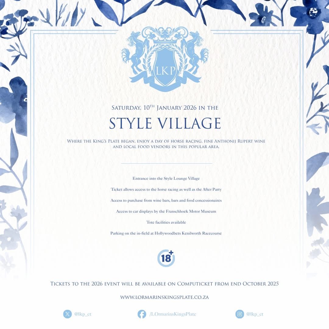 Join us in the Style Village on Saturday, 10th of January 🏇

For R600 per ticket, you get yourself access to track-side thrill, various cash bars and food vendors, &amp; your spot at the highly anticipated #LKP open-air after party!

Tickets go live soon!
#LOrmarins  #jointhepassion